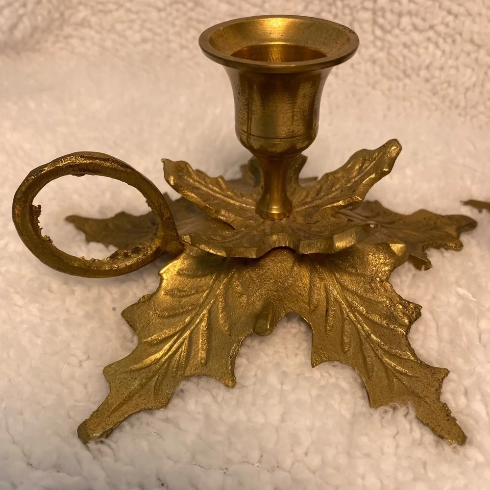 Set of Two Vintage Solid Brass Holly Leaf Candlestick Holders